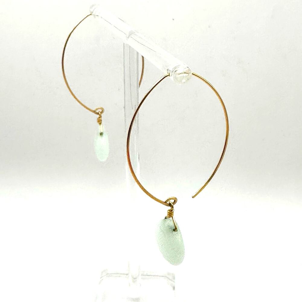 Hoop Earring Pierced Green Stone Teardrop Gold tone Pierced Boho Preppy
